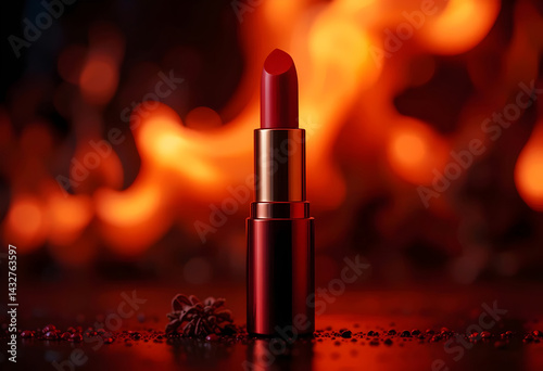 A Red Matte Lipstick Standing Vertically, With Soft Glowing Flames Gently Flickering In The Blurred Background, Studio Shot Product Photography Concepts