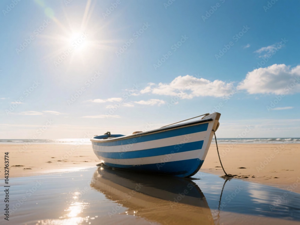 Obraz premium Blue and White Striped Boat by the Shore
