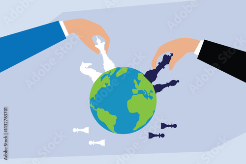 Two hands playing chess with the Earth as the chessboard symbolizing global strategy, power play, and international relations