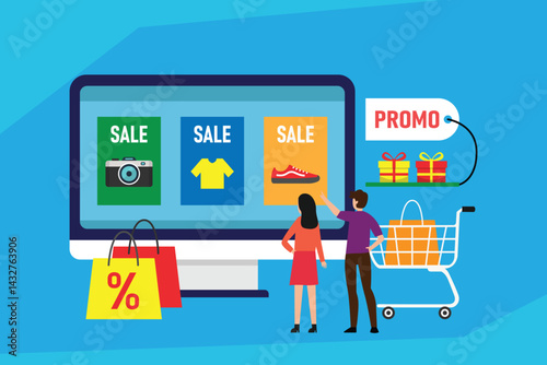 online shopping using a large computer screen displaying sale items