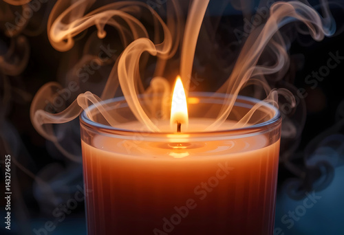 Luxury Candle Closeup With The Wick Lit, Surrounded By Delicate Swirling Smoke Trails Rising And Twisting In Dark Background