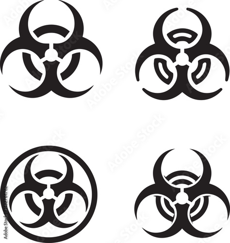 "Warning Icons: Diverse Biohazard Symbol Designs in Black and White"