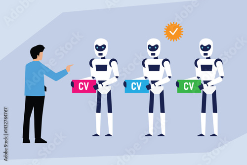 a man gesturing towards three robots holding CV