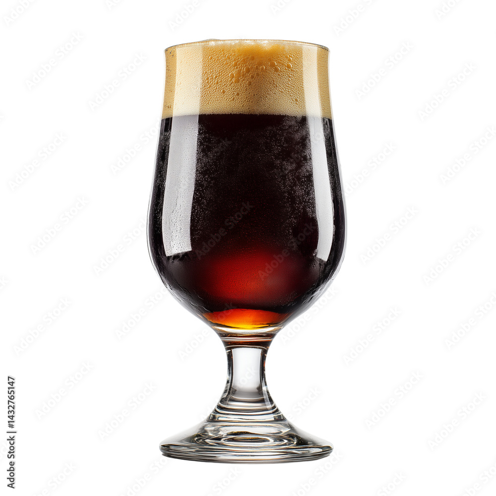 Dark stout beer in tulip glass with thick foam, isolated on white background Dark stout beer in tulip glass with thick foam, isolated on white background