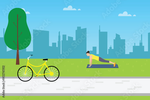 Illustration of a woman exercising on a mat in a park setting