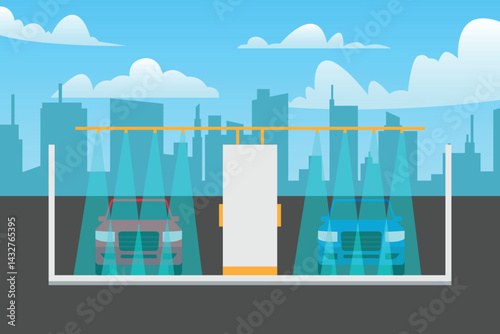 Illustration of a car wash tunnel with two cars being sprayed with water and soap