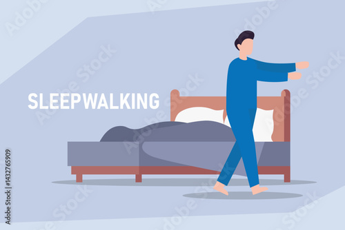 Illustration depicting a person sleepwalking away from their bed at night
