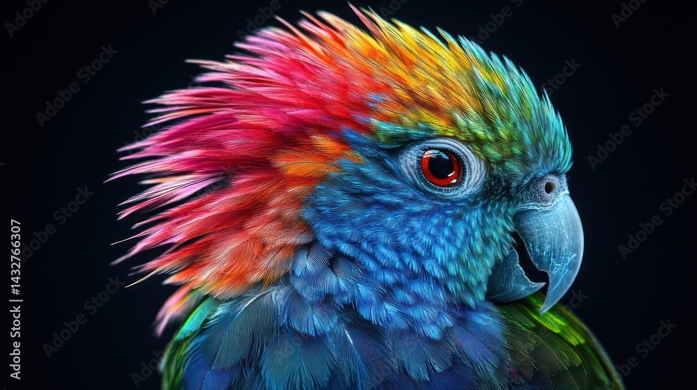 Obraz premium Colorful parrot detailed portrait. Vivid feathers on head. Dark studio background