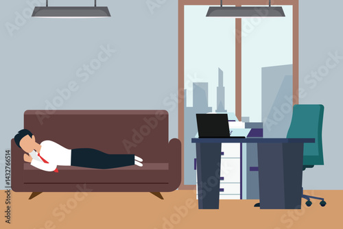 Illustration of a businessman lying on a sofa in an office, possibly taking a break or resting