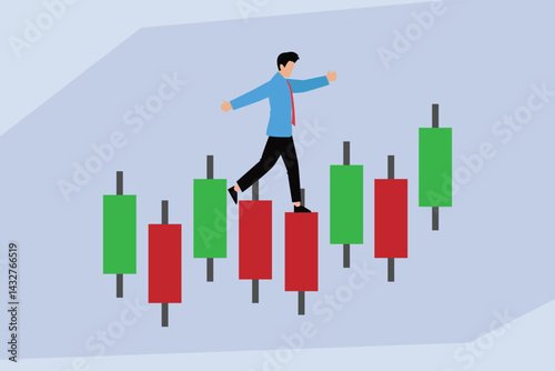 man carefully walking across a volatile stock market chart represented by rising green and falling red candlesticks