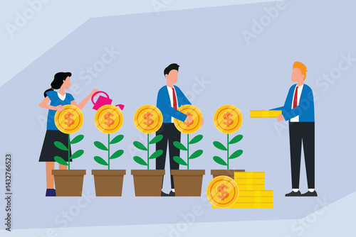 Illustration of people nurturing coin plants with water and money, representing investment growth and financial success