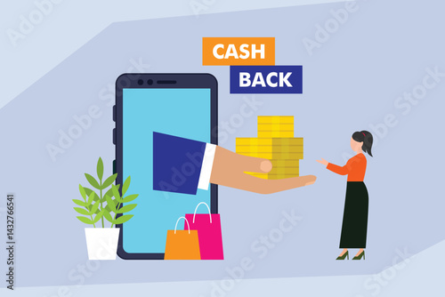 Illustration of a cashback offer concept, with a hand emerging from a smartphone holding stacks of gold coins for a customer who has shopping bags