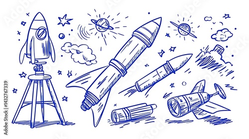 Fototapeta Naklejka Na Ścianę i Meble -  Blue Ink Sketch of Rockets, Telescopes and Space Elements
