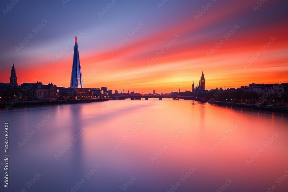 Fototapeta premium Serene Sunset Over Thames River with Iconic London Skyline View