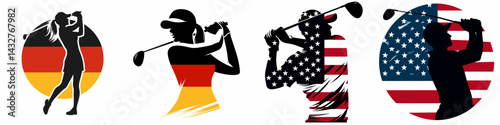 a female golf player Visualizing the shot. Funny Animal Vector Clip art. Woman golfer imagining game alignment before swing.