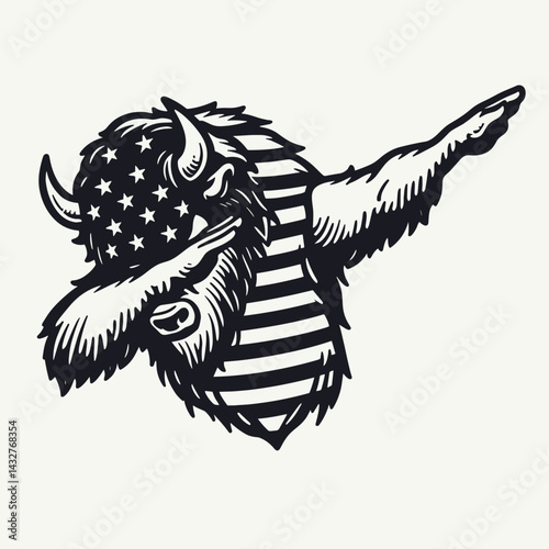 bison wear american flag dabbing. Funny Animal Vector Clip art. Buffalo patriot vogue celebration emote.