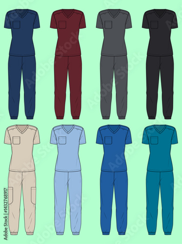 Ladies medical scrub technical drawing fashion flat sketch vector illustration template front and back views outline CAD mockup