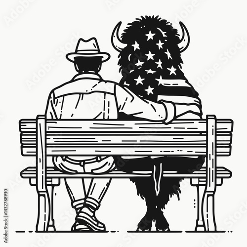 bison wear american flag Sitting together on a bench. Funny Animal Vector Clip art. Buffalo adorn star banner resting nearby fixture.