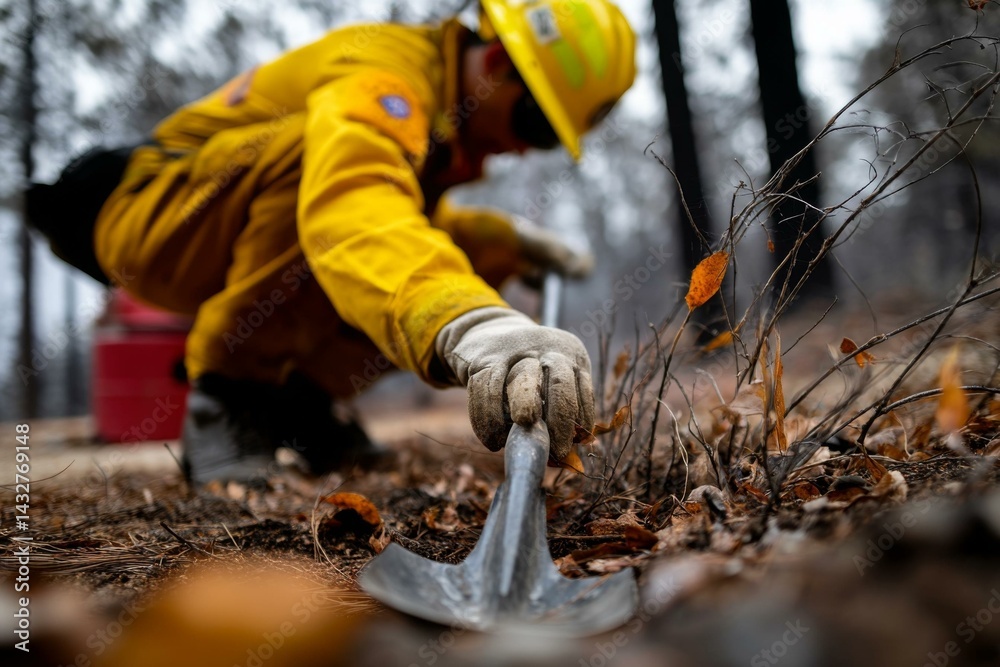 Fototapeta premium Firefighter Using Pulaski Tool to Clear Brush and Debris from Forest Floor After a Fire for Prevention