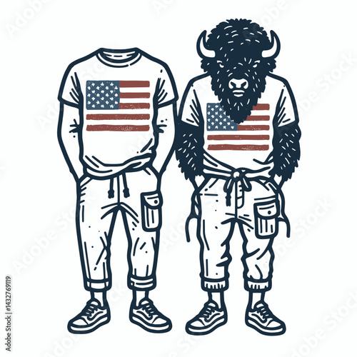 bison wear american flag Wearing matching outfits. Funny Animal Vector Clip art. Buffalo attire national banner coordinating apparel.