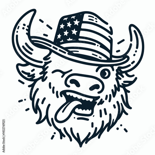 bison wear american flag Winking Face With Tongue. Funny Animal Vector Clip art. Patriotic buffalo cloth usa banner fun emotion.