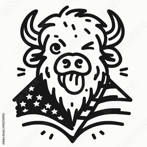 bison wear american flag Winking Face With Tongue. Funny Animal Vector Clip art. Buffalo patriotic banner cheeky expression usa graphic.