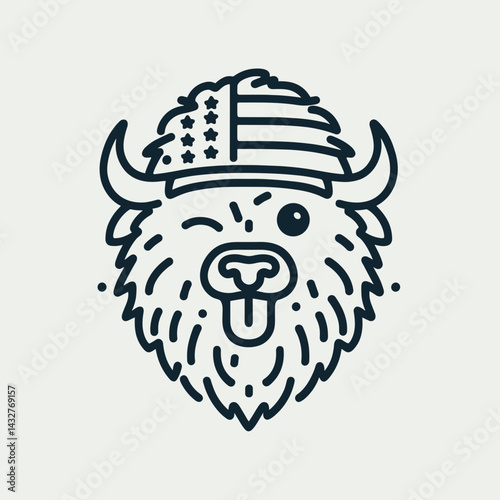 bison wear american flag Winking Face With Tongue. Funny Animal Vector Clip art. Buffalo garment usa banner cheeky expression.