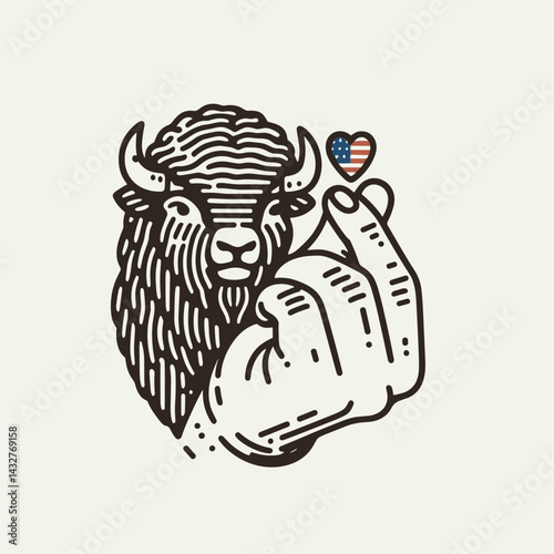 bison wear american flag with a hand making the mini heart sign fingers perfectly positioned. Funny Animal Vector Clip art. Patriotic buffalo display tiny gesture freedom emblem.