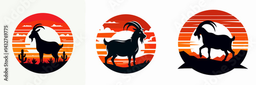Goat sunset. Funny Animal Vector Clip art. Farm twilight hour golden sky nature image.