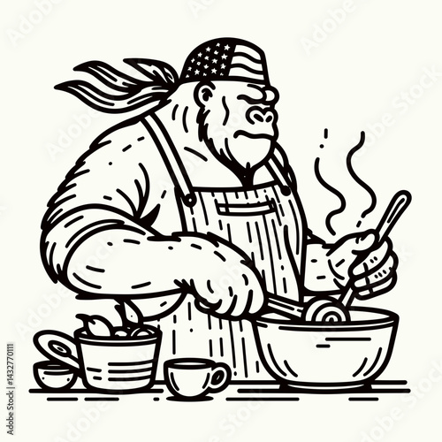 gorilla wear american flag Cooking together. Funny Animal Vector Clip art. Patriotic apparel chef teamwork culinary fun home kitchen.