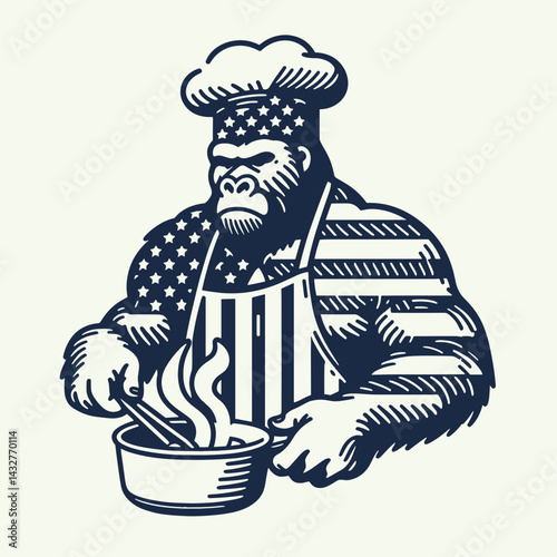 gorilla wear american flag Cooking together. Funny Animal Vector Clip art. Patriotic apparel kitchen fun meal prep team activity.