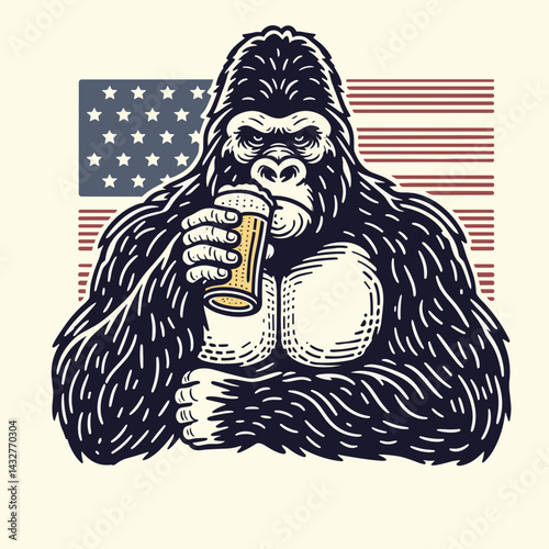 gorilla wear american flag drink beer. Funny Animal Vector Clip art. Patriotic ape attire usa banner enjoy brew.