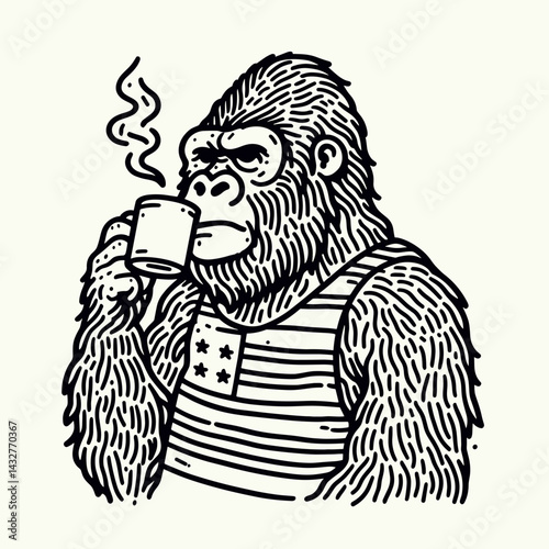 gorilla wear american flag Drinking tea. Funny Animal Vector Clip art. Patriot ape apparel enjoying brew.