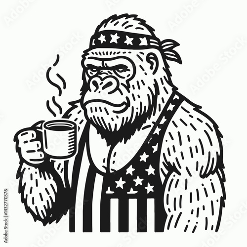 gorilla wear american flag Drinking coffee. Funny Animal Vector Clip art. Primate apparel star banner java sip.