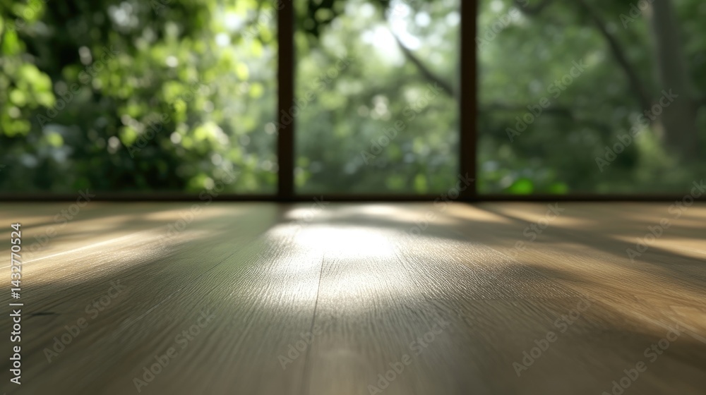 Fototapeta premium Interior view shows sunlight streaming onto a wooden floor through a window overlooking lush green trees.
