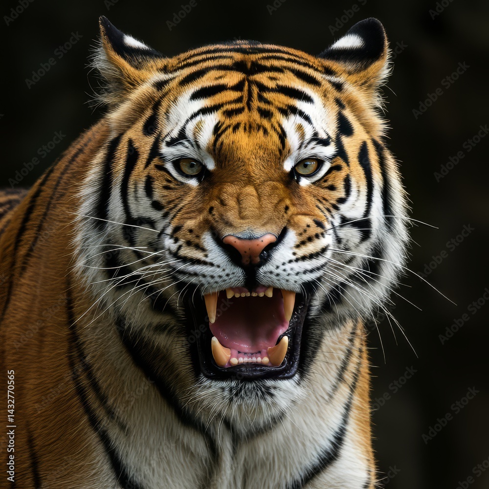 Fototapeta premium Tiger Growling Showing Teeth in Close Up Frontal Portrait