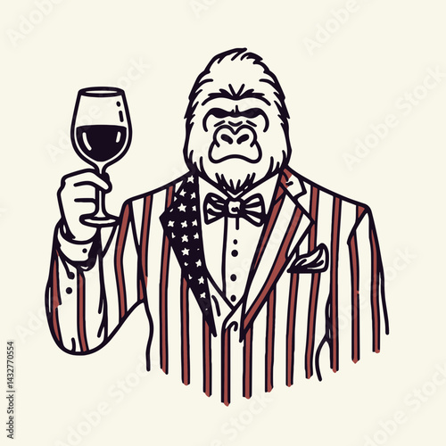gorilla wear american flag Elegant Wine Toast. Funny Animal Vector Clip art. Patriotic ape attire refined grape cheer united valor.