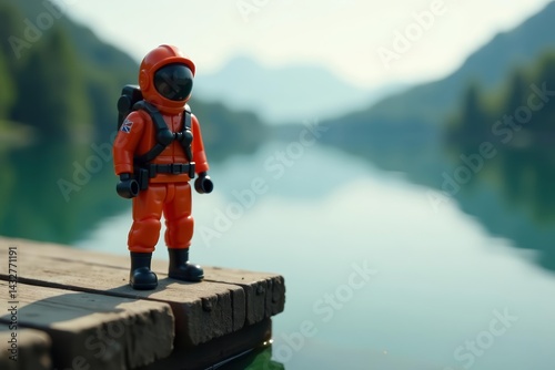 Close-up of miniature aquanaut figurine standing on dock over serene lake, miniature, calm, lake
