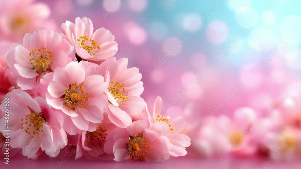 Delicate pink blossoms with yellow stamens create a soft floral background with bokeh lights in shades of pink and blue. Delicate pink blossoms with yellow stamens create a soft floral background with bokeh lights in shades of pink and blue.