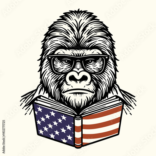 gorilla wear american flag glasses reading. Funny Animal Vector Clip art. Primate attire usa banner frame geek studying.
