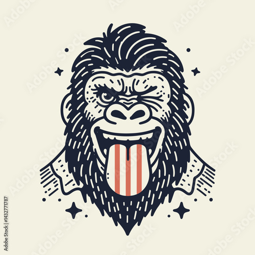 gorilla wear american flag Winking Face With Tongue. Funny Animal Vector Clip art. Patriotic ape apparel cheeky expression novelty item.