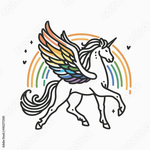 Pegasus wear pride lgbtq costume. Funny Animal Vector Clip art. Winged horse attire celebration rainbow parade outfit.
