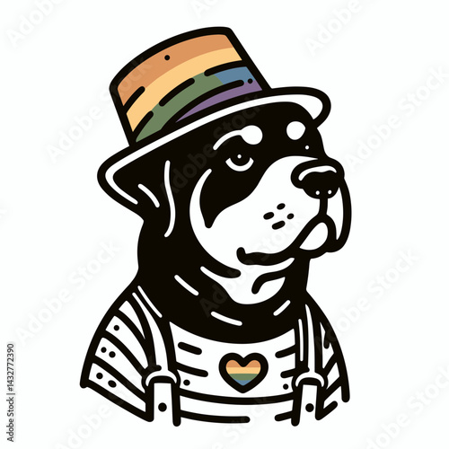 Rottweiler Dog wear pride lgbtq costume. Funny Animal Vector Clip art. canine attire rainbow community celebratory garb.