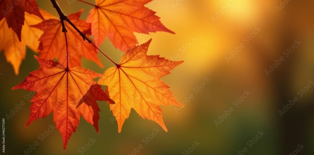 Close up of orange maple leaves on tree branch with soft focus background , maple, background Close up of orange maple leaves on tree branch with soft focus background , maple, background