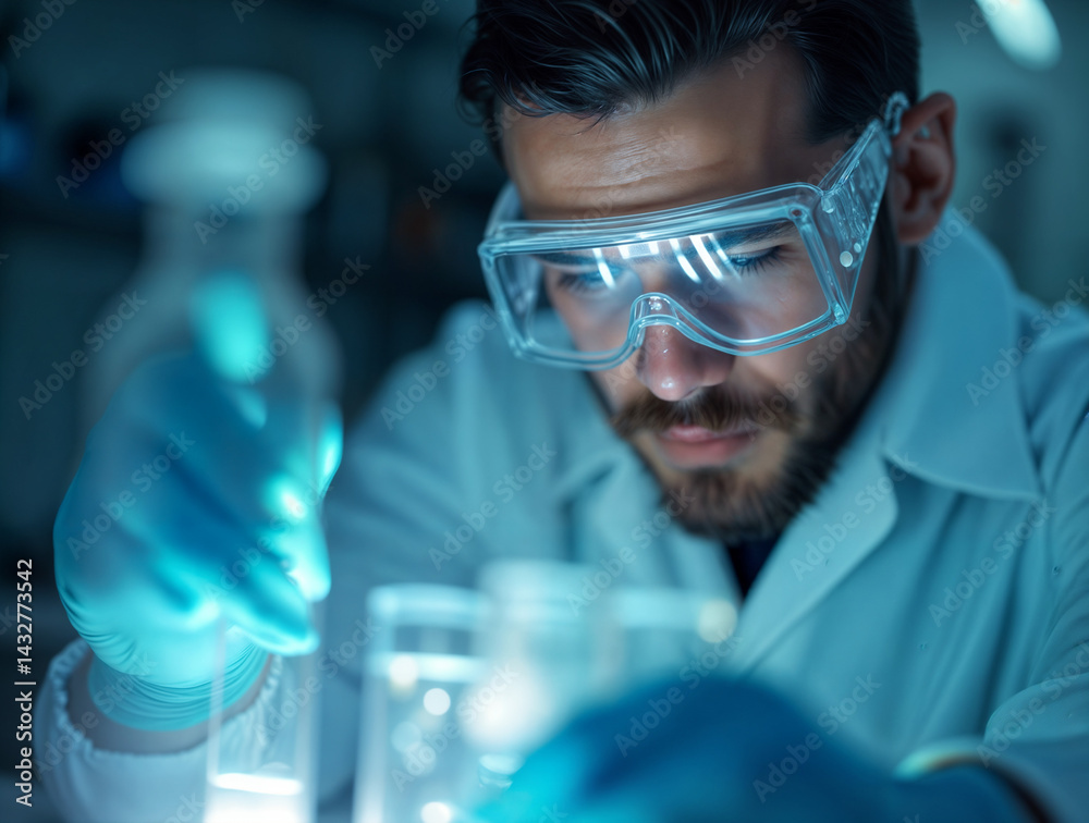 The image shows a person in a lab coat wearing safety goggles, handling a blue liquid in a flask