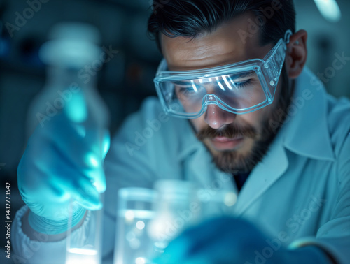 Obraz na płótnie The image shows a person in a lab coat wearing safety goggles, handling a blue liquid in a flask w salonie