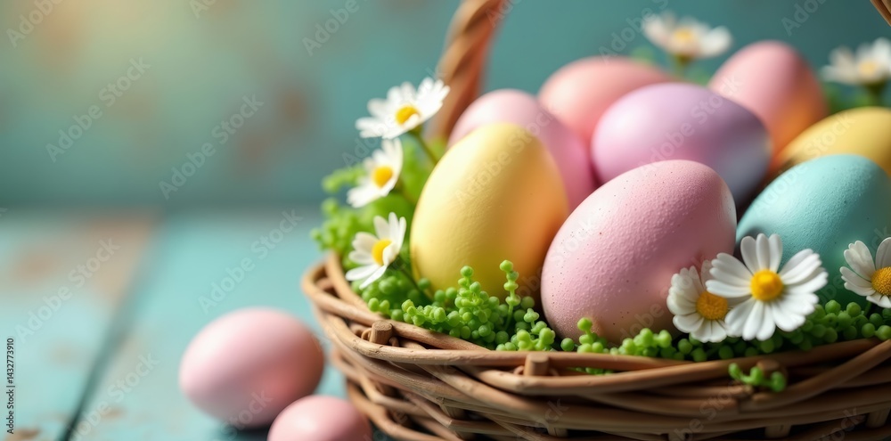 Close up of pastel-colored Easter eggs with gypsophila in a wooden basket, still life, home decor Close up of pastel-colored Easter eggs with gypsophila in a wooden basket, still life, home decor