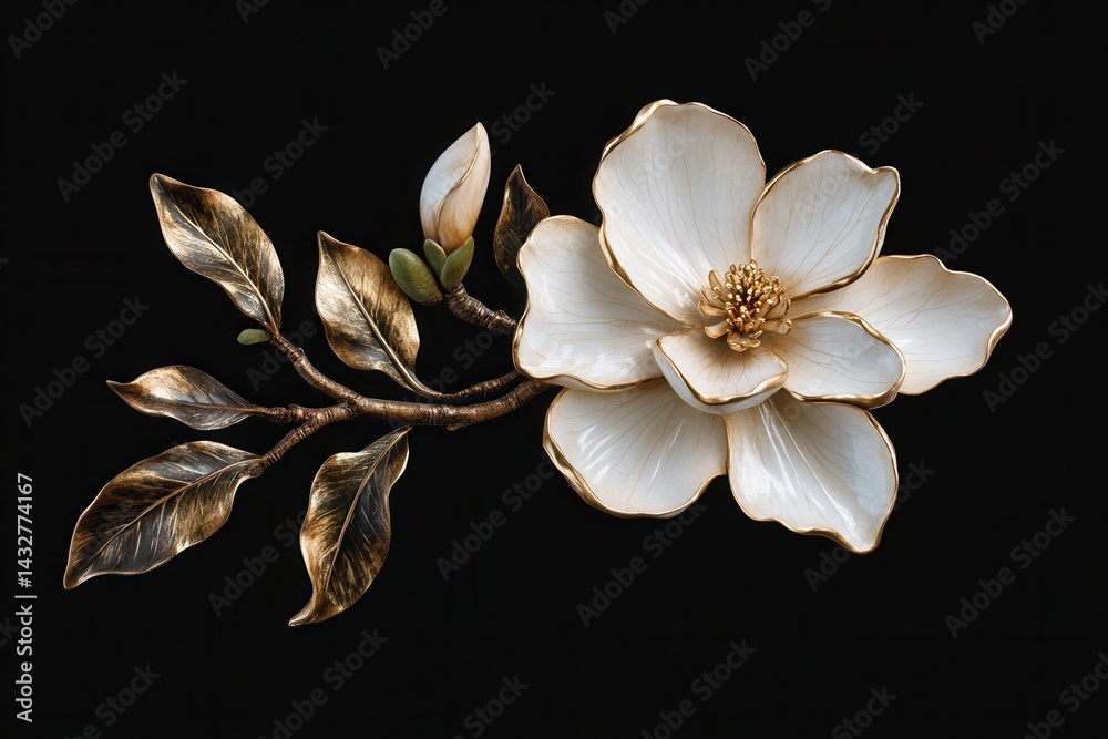 Fototapeta premium Ceramic magnolia flower with golden accents on a branch, black background. Use for luxury design elements, wedding invitations, or greeting cards.