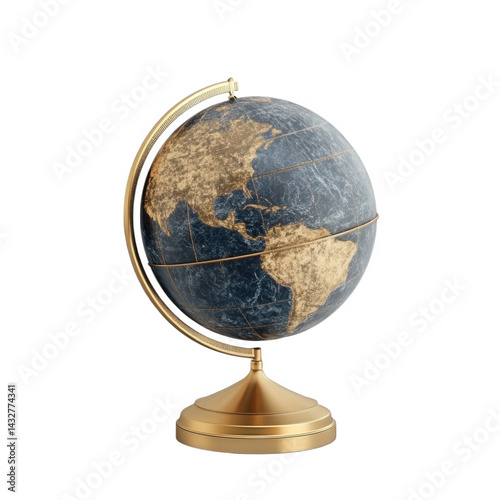 Elegant gold globe with detailed world map antique style geography on transparent background blue