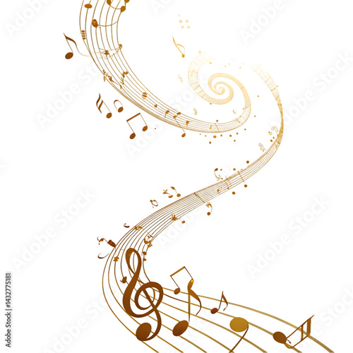 Gold Music Notes Swirl Design: Abstract Musical Background on transparent background